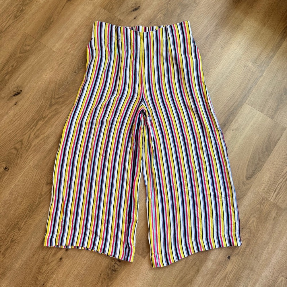 Soft Surroundings 70s Vibe Striped Wide Leg Crop Pants Yellow Pink Blue Rayon‎ S